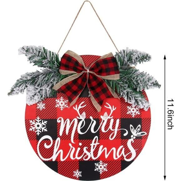 Christmas Buffalo Plaid Wreath Decoration - 1pc Double Sided Wooden - Picture 4 of 7